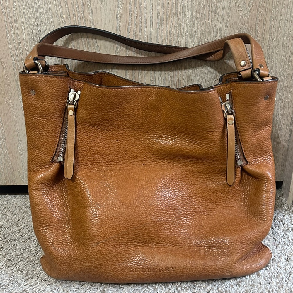 Burberry Calfskin House Check Maidstone Medium Brown Shoulder Bag Authentic Tote